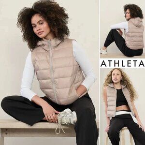 ATHLETA Aire Puffer VEST Size XL Hooded Feather Beige Water Repellant NEW